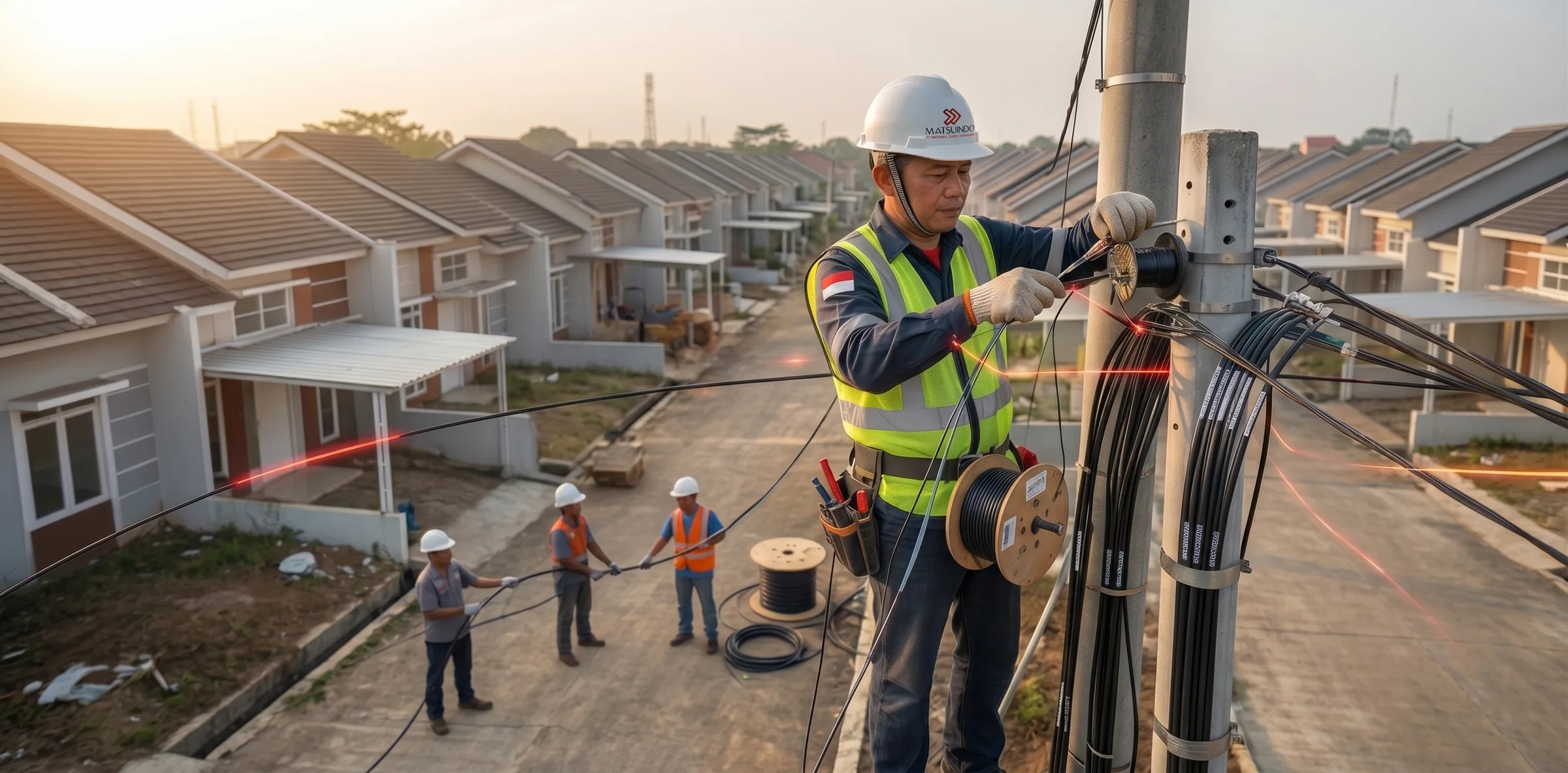 A Matsuindo crew pulling and terminating fibre-optic cable on a distribution pole in a housing cluster.